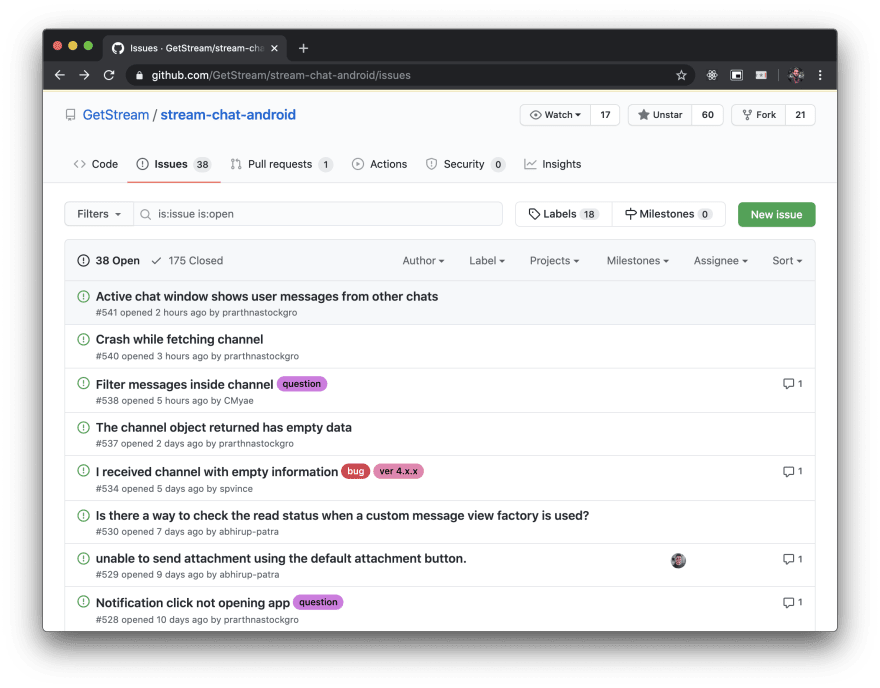 Image shows the Stream Chat Android library issues list