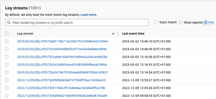 Cloudwatch log streams for a Lambda function