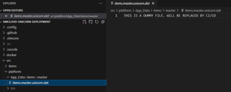 Screenshot of the contents of the items.master.unicorn.dat file. The file reads "THIS IS A DUMMY FILE. WILL BE REPLACED BY CI/CD" in all caps.