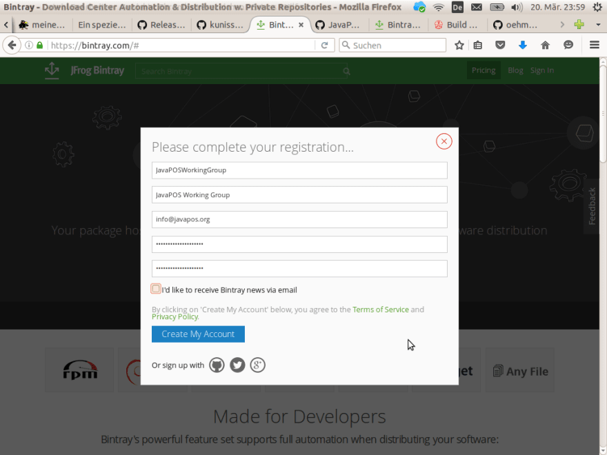 Bintray sign up dialog