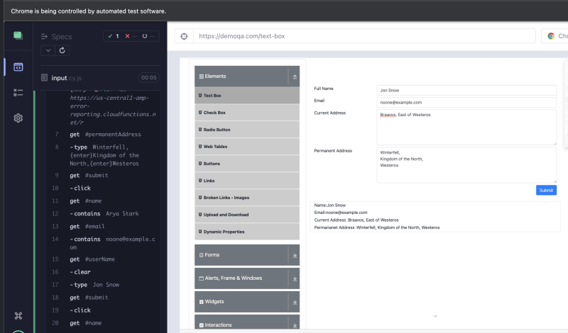 Input actions test - execution results