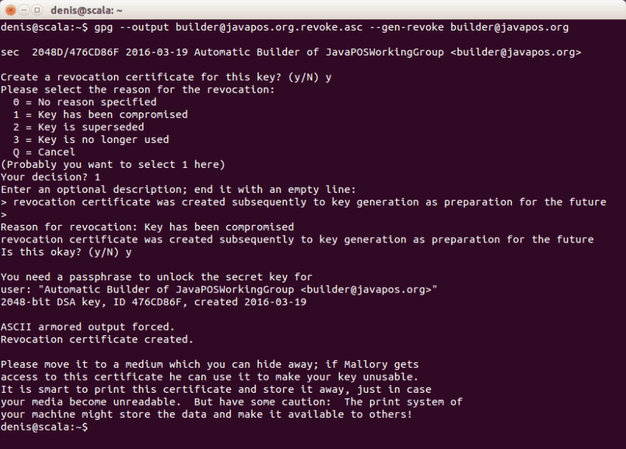 Creating key revocation certificate using gpg