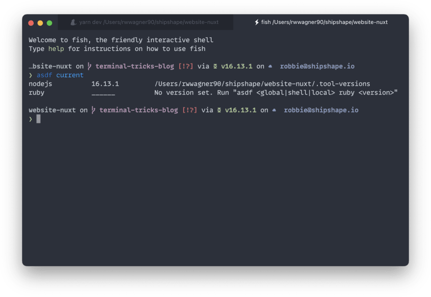 A terminal window showing the current node and ruby versions installed via asdf