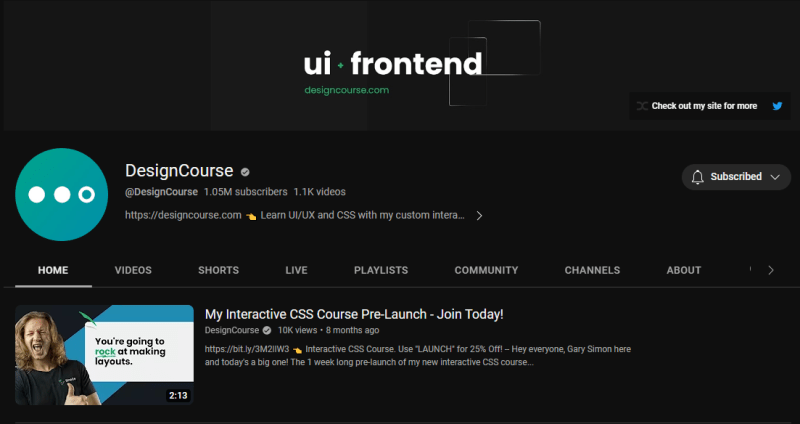 DesignCourse YouTube channel that offers high-quality videos on various topics related to web design and development