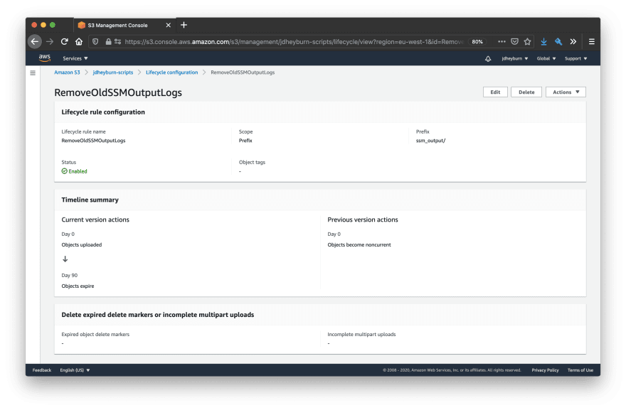 The created S3 lifecycle rule can be seen here, indicating that objects in the ssm_output directory are discarded after 90 days