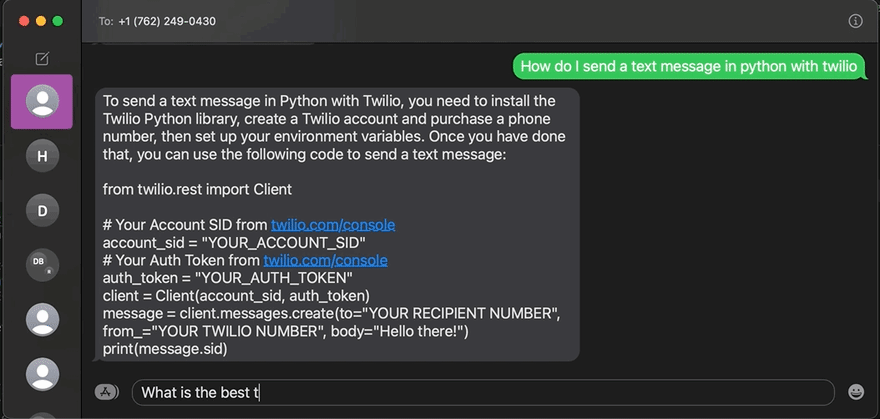 gif example of SMS version of ChatGPT powered by Twilio with the OpenAI API