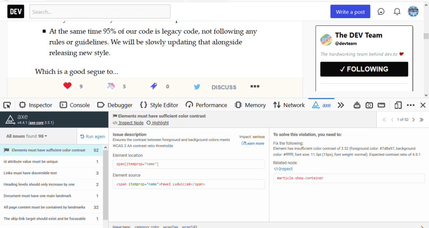 Dev.to user interface accessibility report in aXe accessibility checker