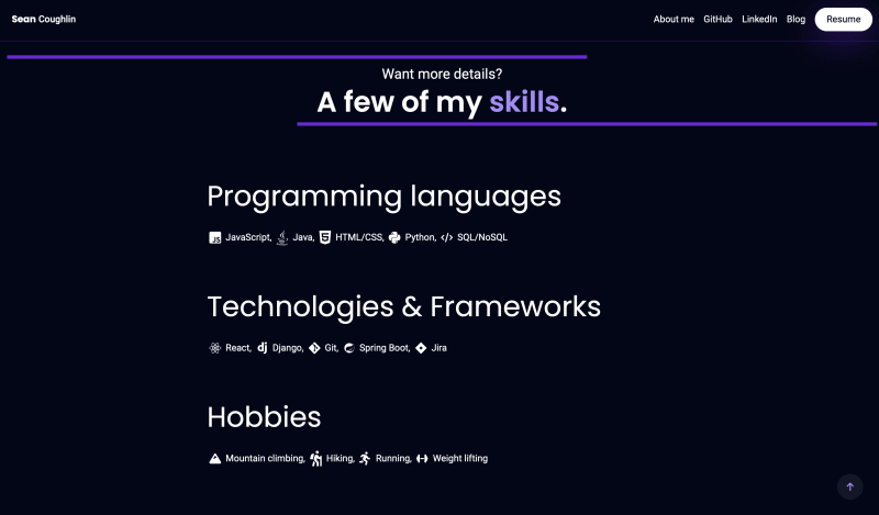 Skills section of seancoughlin.me