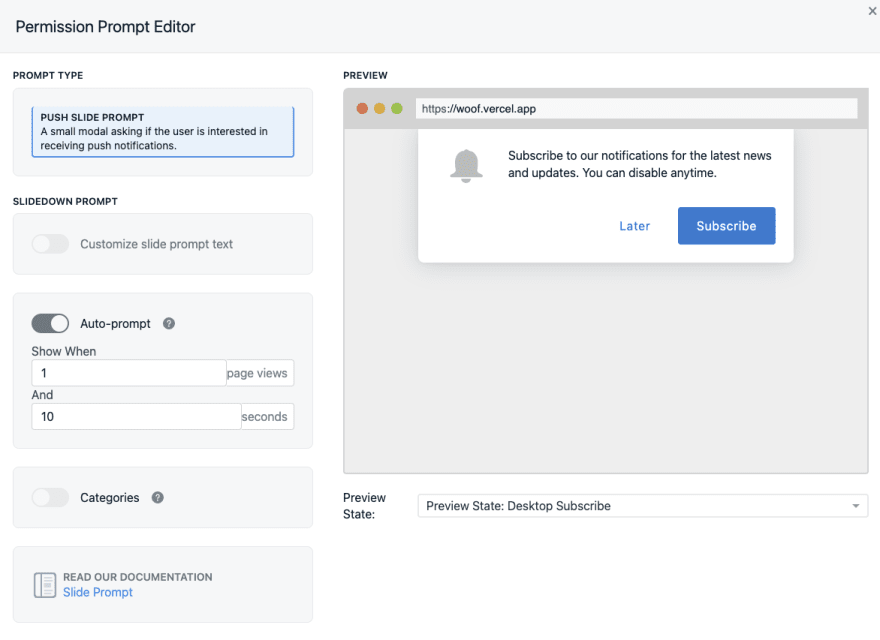 One Signal permission prompt editor