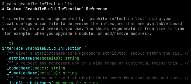 Terminal output: white text on black background with colourised TypeScript types, outputting in markdown format the beginnings of the inflector documentation