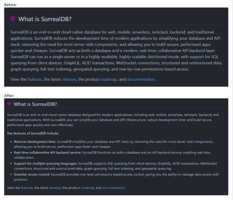 surrealDB documentation improvements