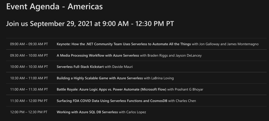 Schedule for the Azure Serverless Conference: Americas Edition