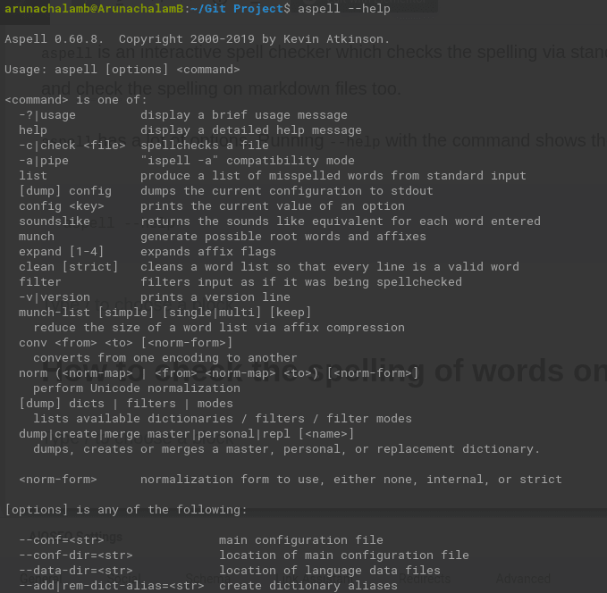 aspell --help command output