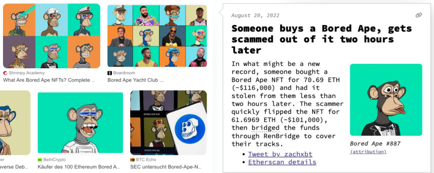 Bored ape images and a news headline "Someone buys a Bored Ape, gets scammed out of it two hours later"
