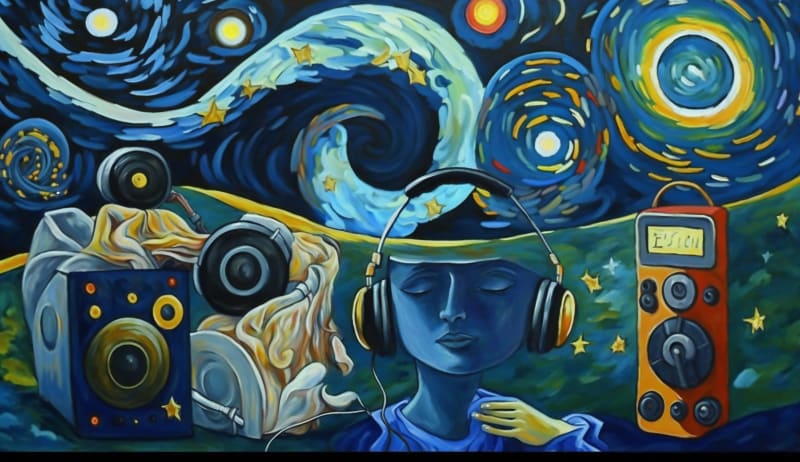 An imaginative scene displaying multimedia icons as celestial bodies - film reels as planets, musical notes as stars, and headphones as lunar phases.