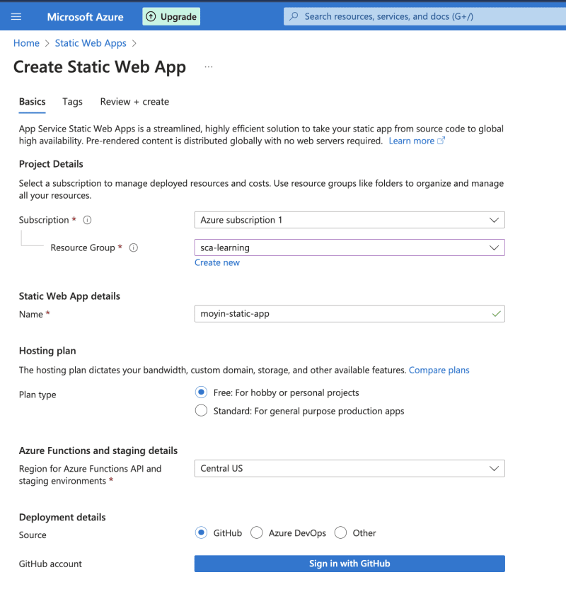 Creating static web app in Azure