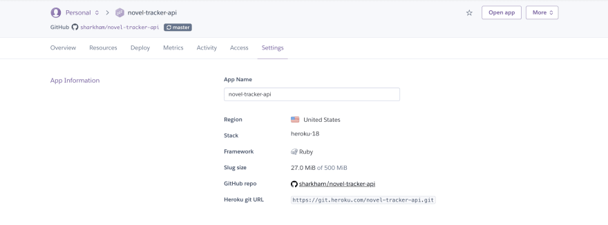 Screenshot of Heroku settings