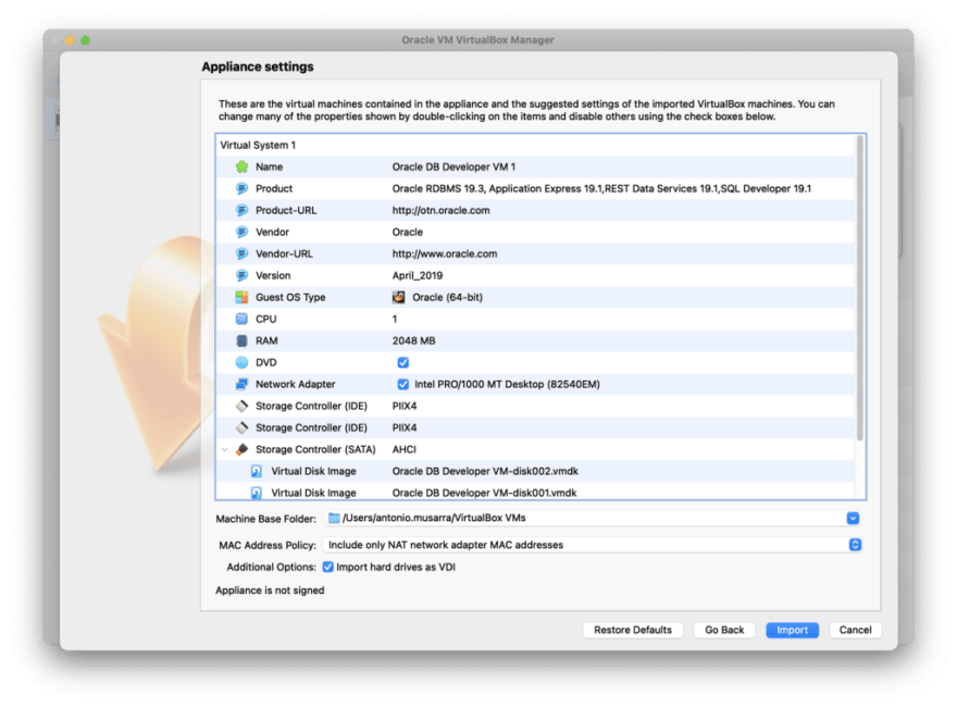 Figure 4 - Second step of Virtual Appliance import: summary of detailed information of the VA and start import