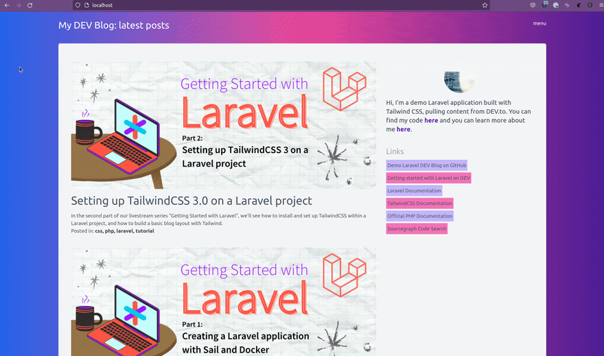 Animated gif showing the final result of the demo headless DEV blog built with Laravel and TailwindCSS