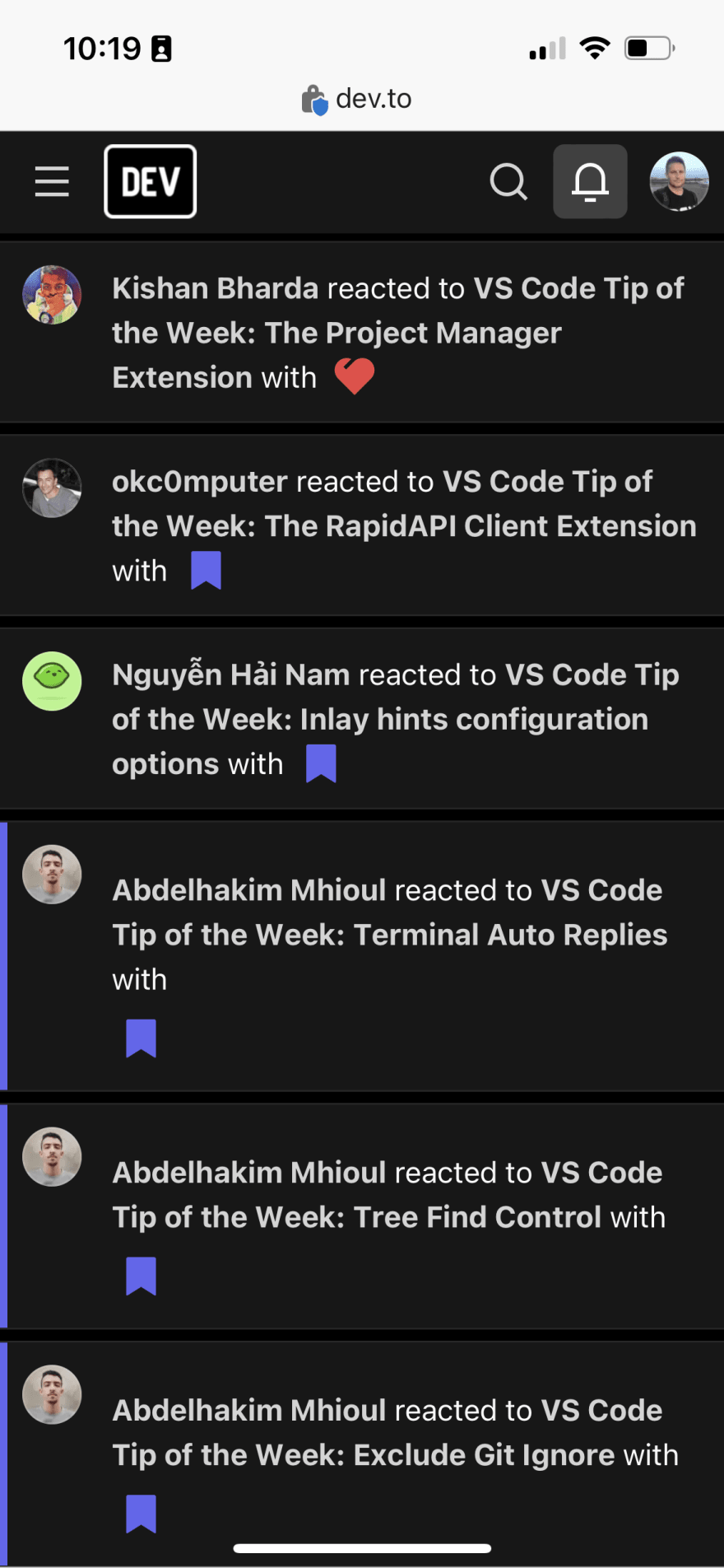 My dev.to notifications where people are bookmarking and liking previous posts from series of mine