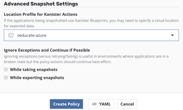 Kasten new policy Advanced snapshot settings