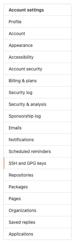 SSH and GPG keys option from menu list