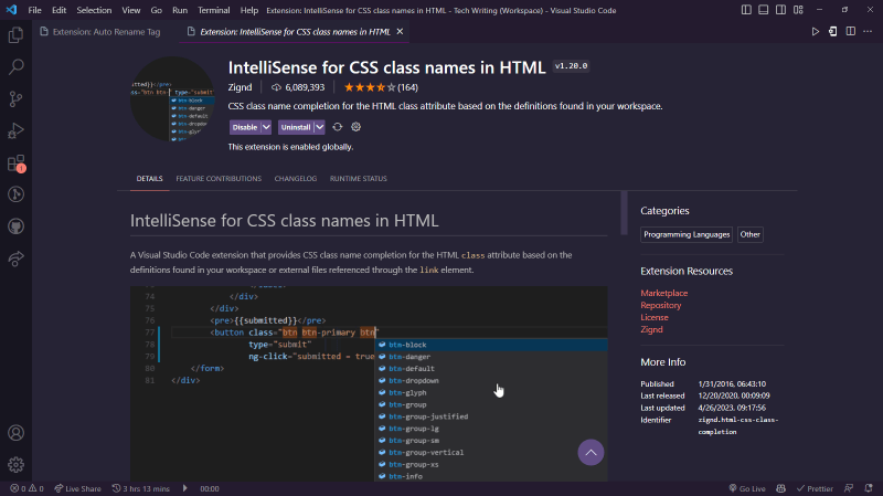 Intellisense for CSS Class Names in HTML