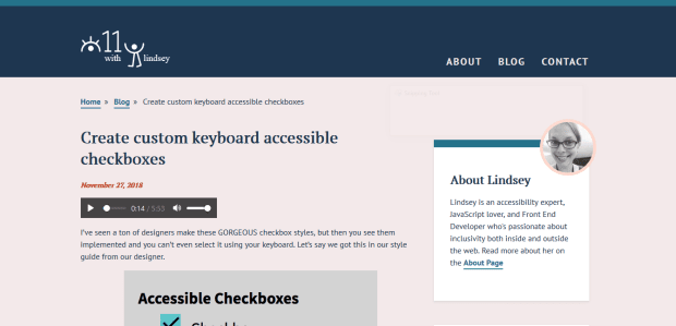 A screenshot of Lindsey Kopacz's post on making custom checkboxes that are accessible.