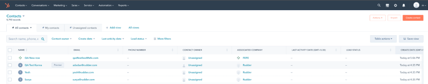 screenshot of Hubspot table