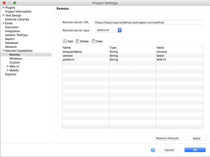 screenshot katalon testingbot configuration