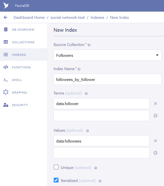 Fauna Dashboard: Create new index named followees_by_follower