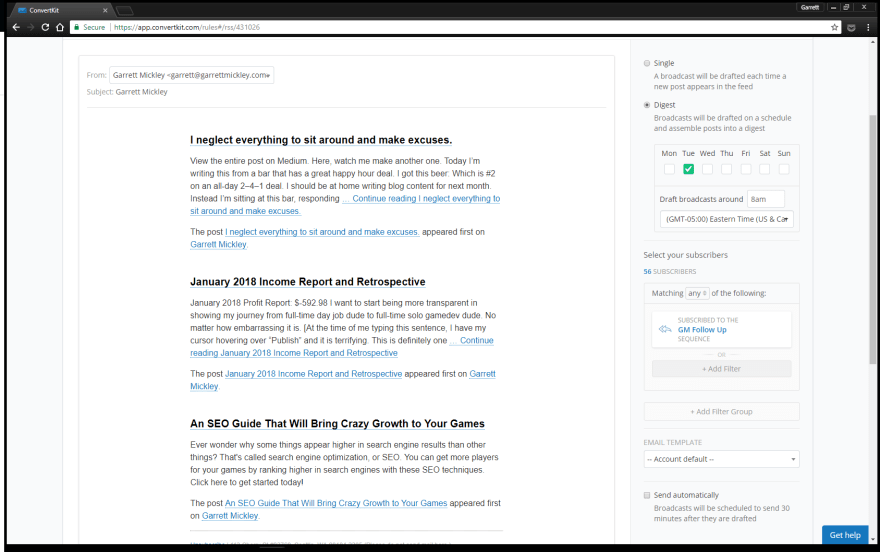 Example of automatic RSS email on the left; automatic newsletter settings on the right.