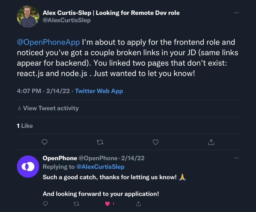 Screenshot from Twitter showing how I got an interview by pointing out mistakes in a job description