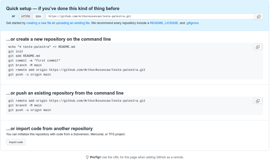 Github - Página do repositório recentemente criado