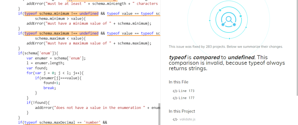 Cover image for DeepCode’s Top Findings#6: JavaScript Result of Typeof not compared with String