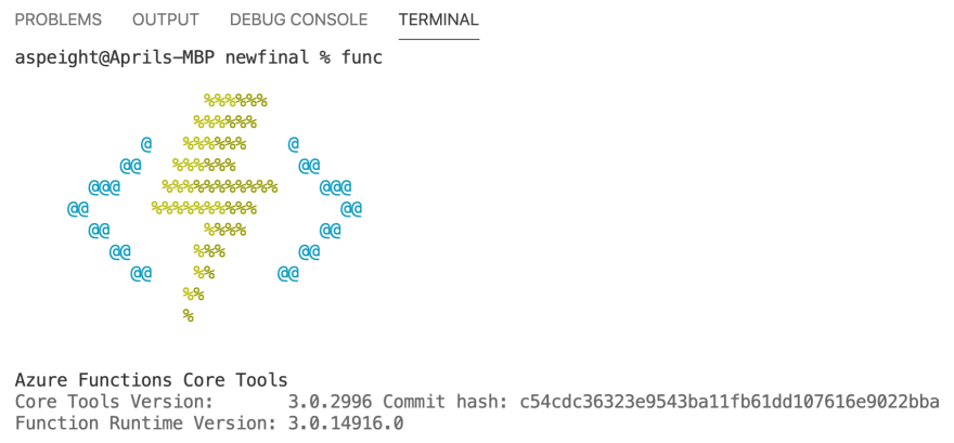 A screenshot of the terminal in Visual Studio Code. The Azure Functions logo appears after entering the command func.