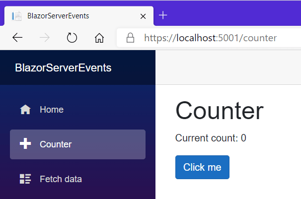 Screenshot of Blazor Server Counter page
