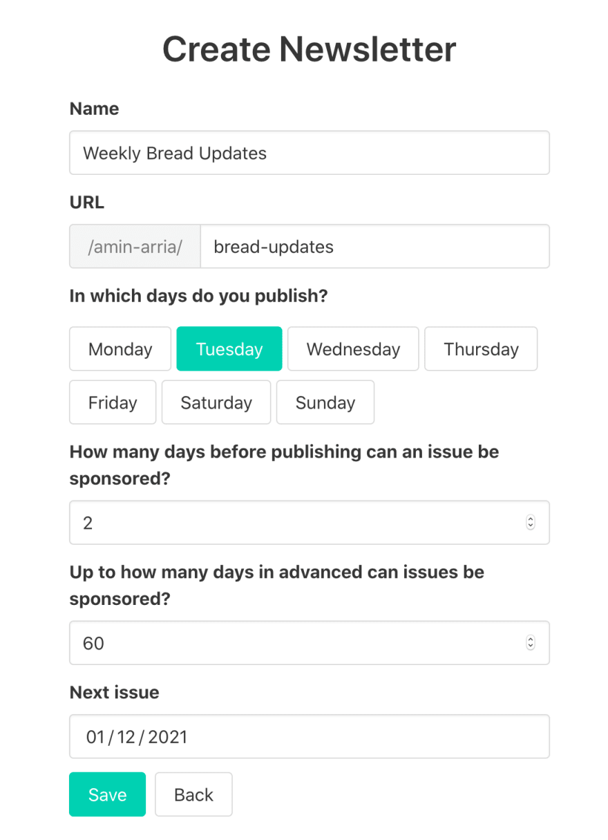 user filled form to create a newsletter