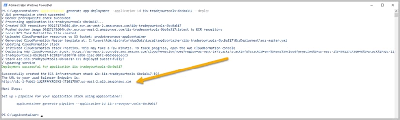 Figure 1. Output from generating an application deployment in App2Container