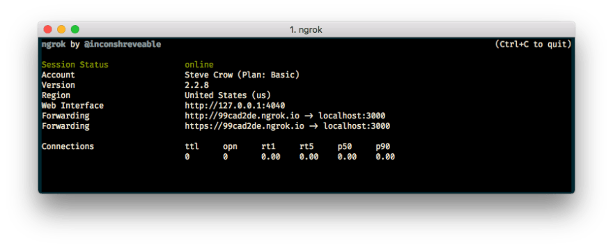 Screenshot of ngrok running in terminal with forwarding address http://99cad2de.ngrok.io