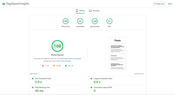 Screenshot Of Lighthouse Scores For Demo App Built With Sveltekit