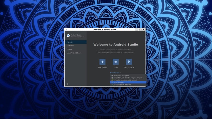 This picture shows how to get to the SDK Manager once Android Studio is fully installed