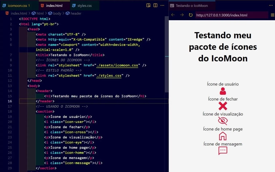 Usando os ícones através da tag  e classes no HTML.