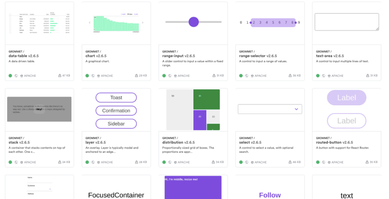 Left: [Grommet component library](https://github.com/grommet/grommet) in GitHub; Right: I[ndividual components published](https://bit.dev/grommet/grommet) from the library.