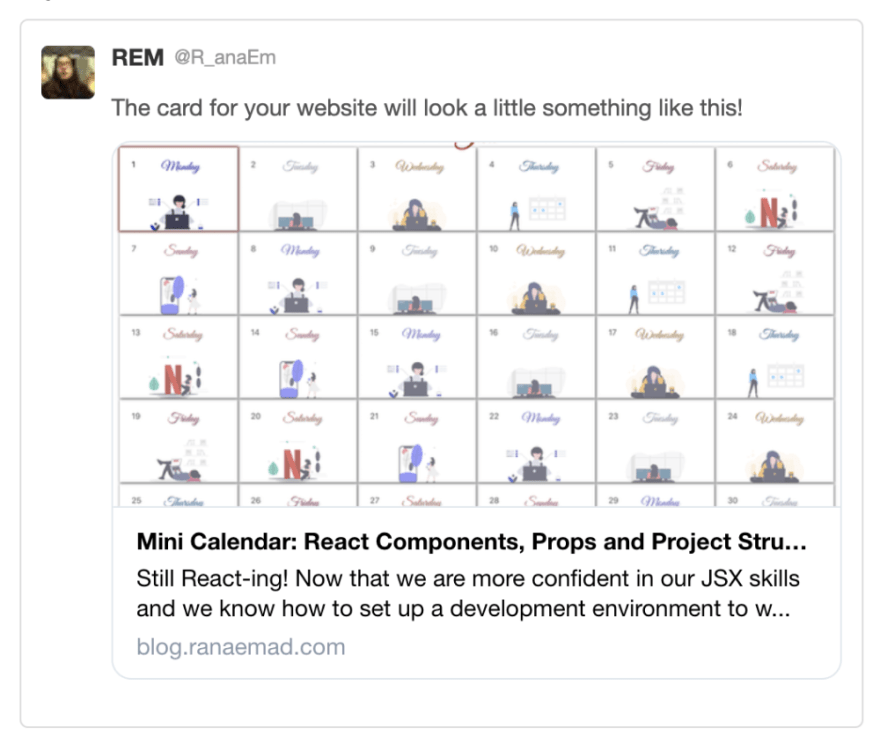twitter summary large card preview for https://blog.ranaemad.com/mini-calendar-react-components-props-and-project-structure-ckbtbax000000tas18gam6ufh