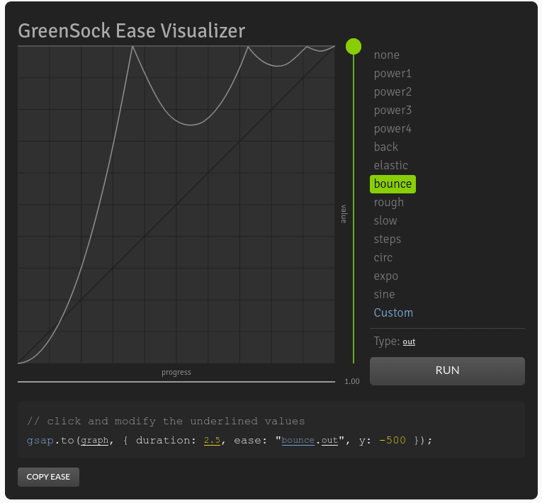 greensock ease visualizer using the bounce.out ease