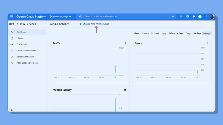 APIs and Services panel in Google Cloud Console