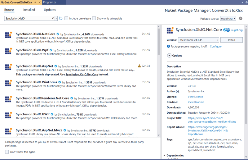Install Syncfusion.XlsIO.Net.Core NuGet package