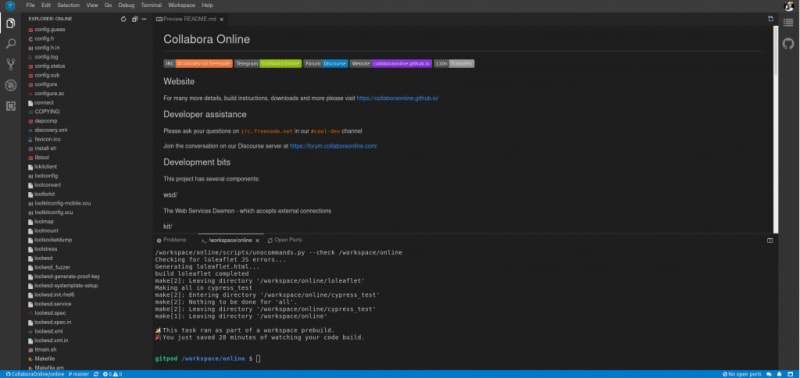 Screenshot: Gitpod, your development environment for Collabora Online on the cloud