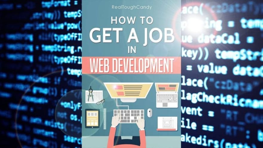 hands on keyboard with code snippets in background as part of how to get a job in web development book cover